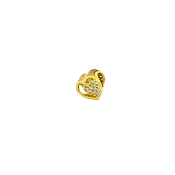 Złoty charms 585 w kształcie serca 💕, mniejsze serce wysadzane białymi cyrkoniami, masa charmsa 1,90g, pasuje na bransoletki modułowe o szerkości do 5mm.